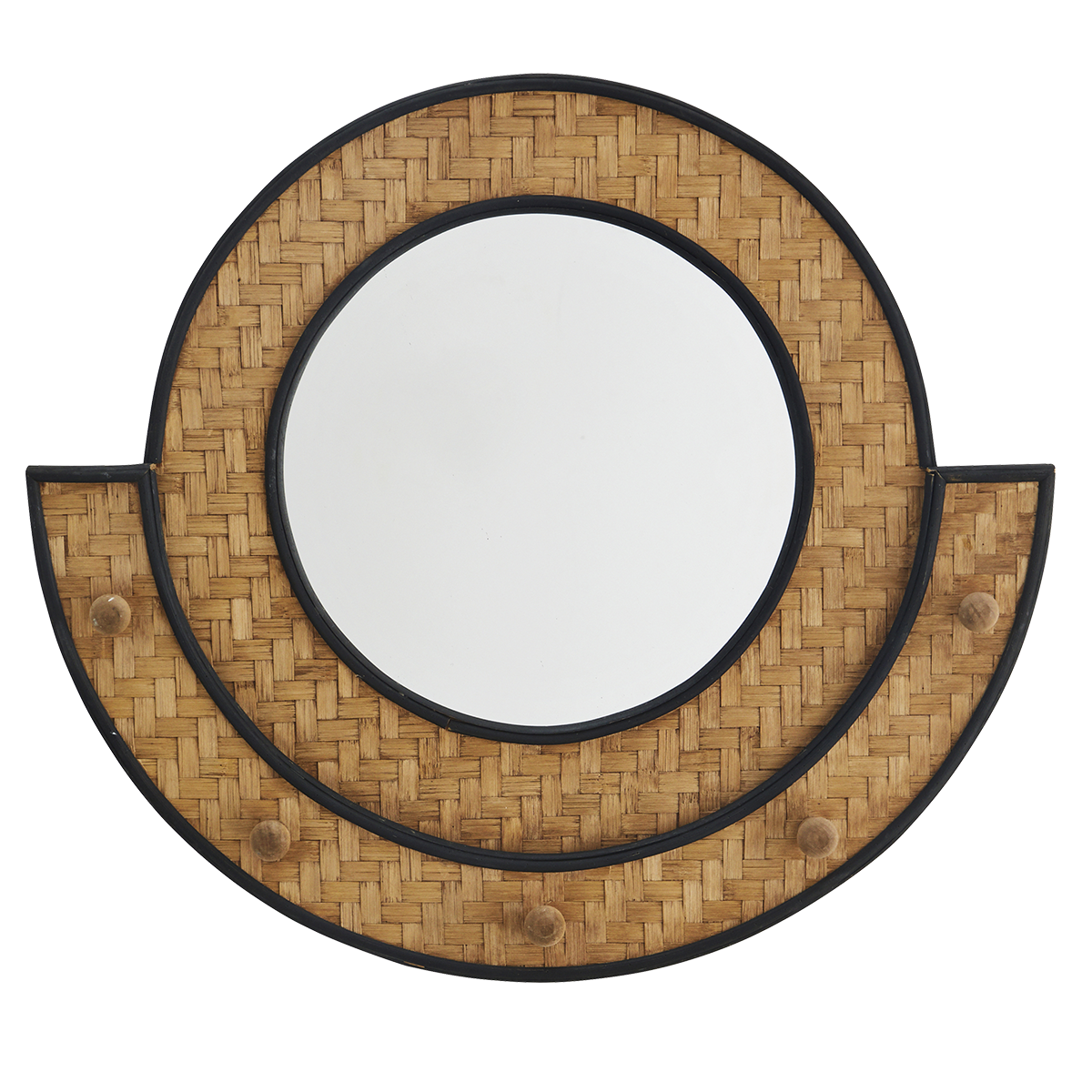 Round bamboo mirror w/ hooks